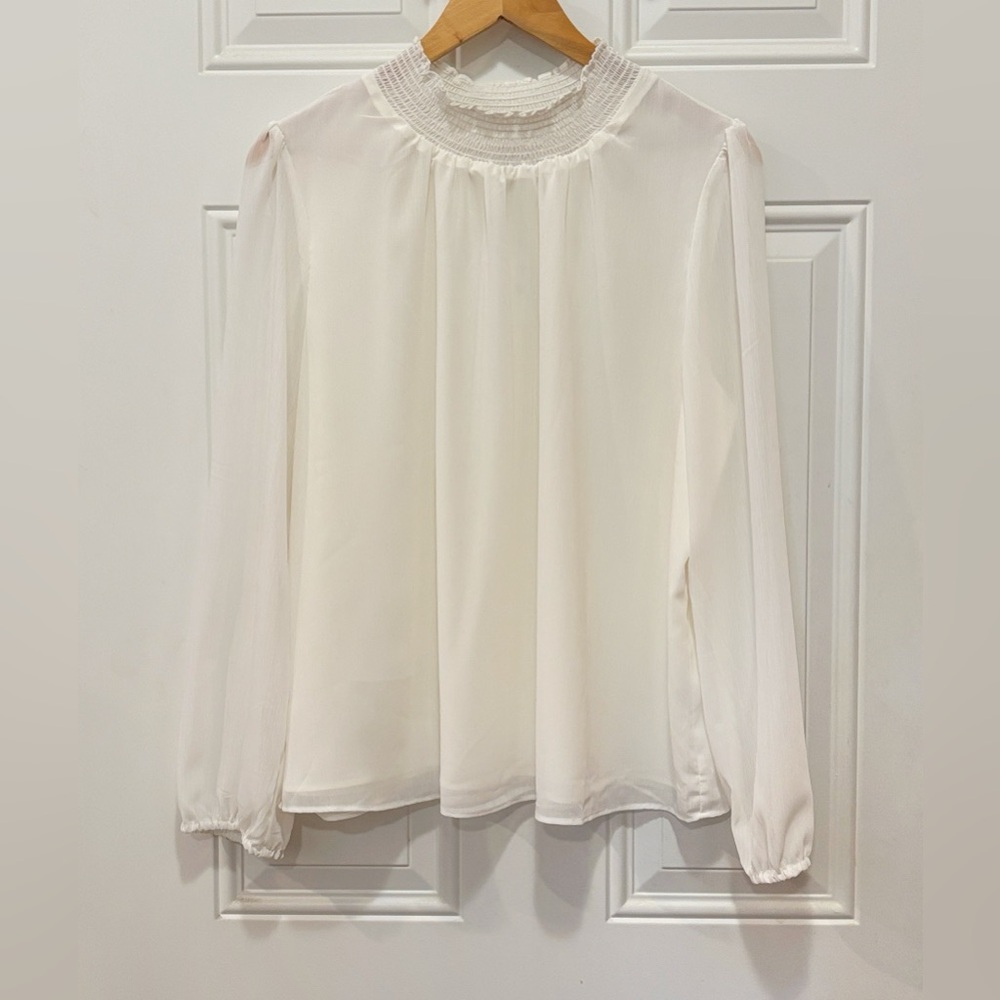 J.Crew Factory Long Sleeve Smocked-Neck Top in Cream Size XL